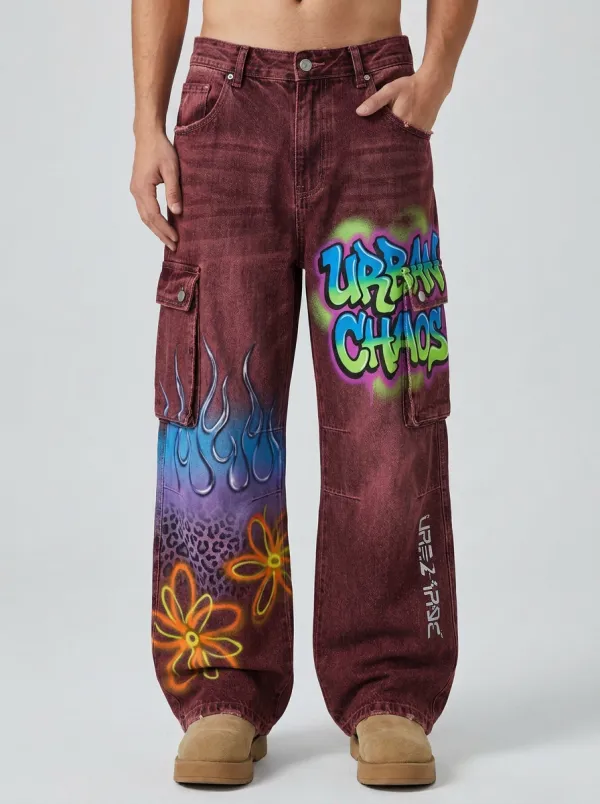 Men's Urban Chaos Graffiti Flame Floral Graphic Cargo Jeans