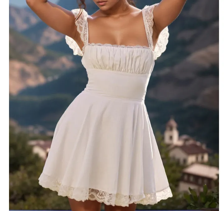 Lace Detail Square Neck Cap Sleeve Mini Dress