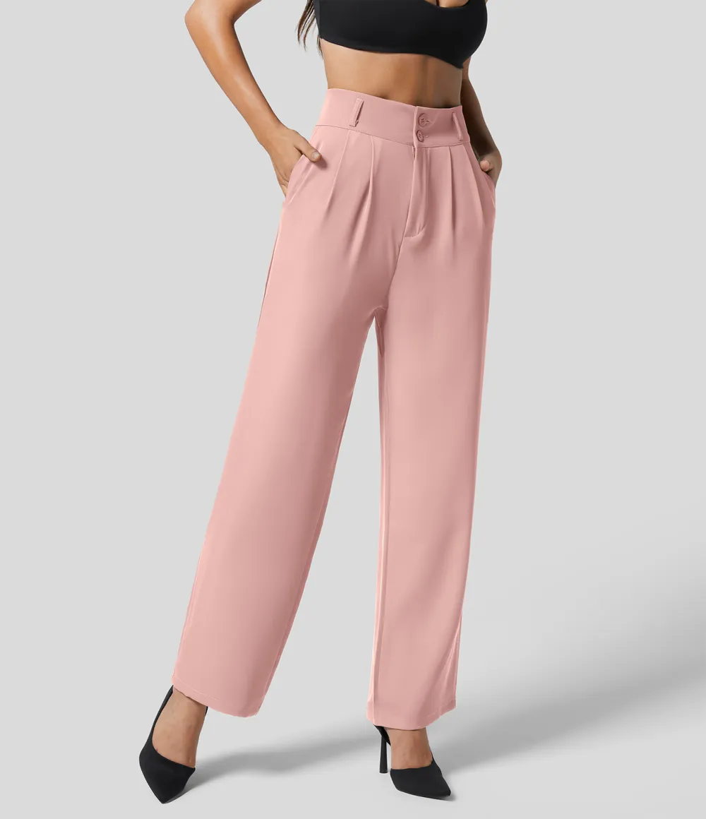 High Waisted Button Zipper Plicated Side Pocket Shirred Straight Leg Work Pants