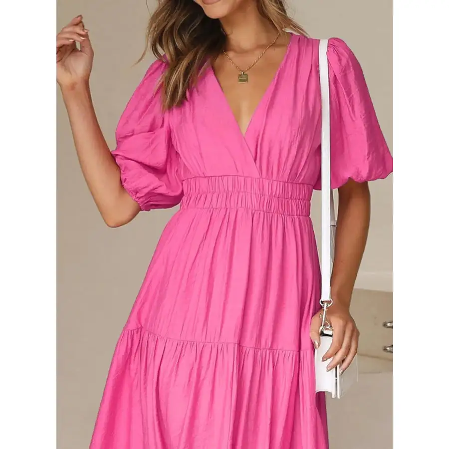 Neck V-Neck Puff Sleeve Midi Dress