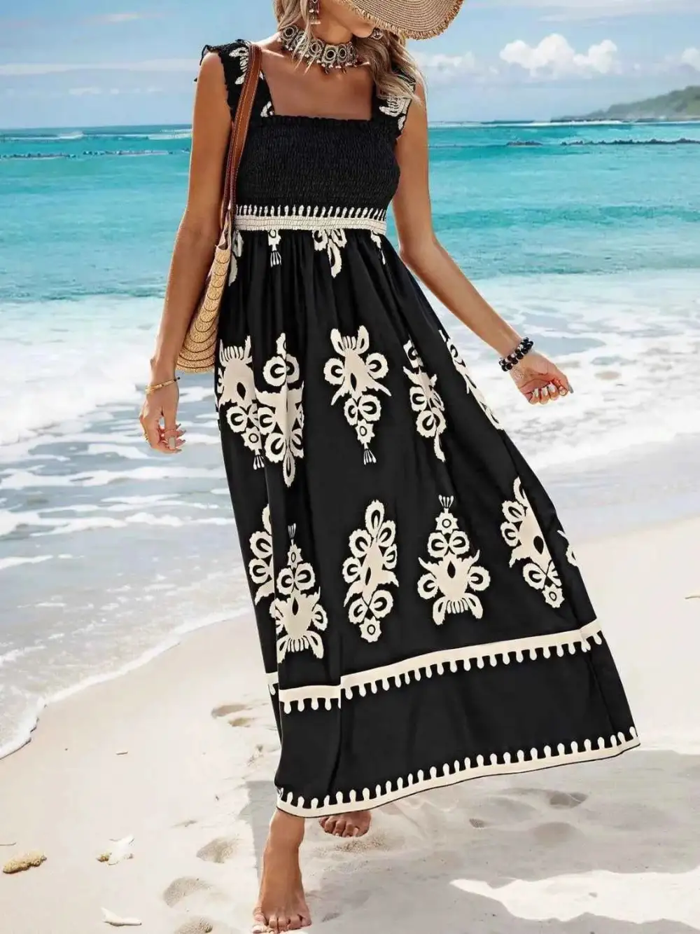 Smocked Printed Wide Strap Maxi Dress