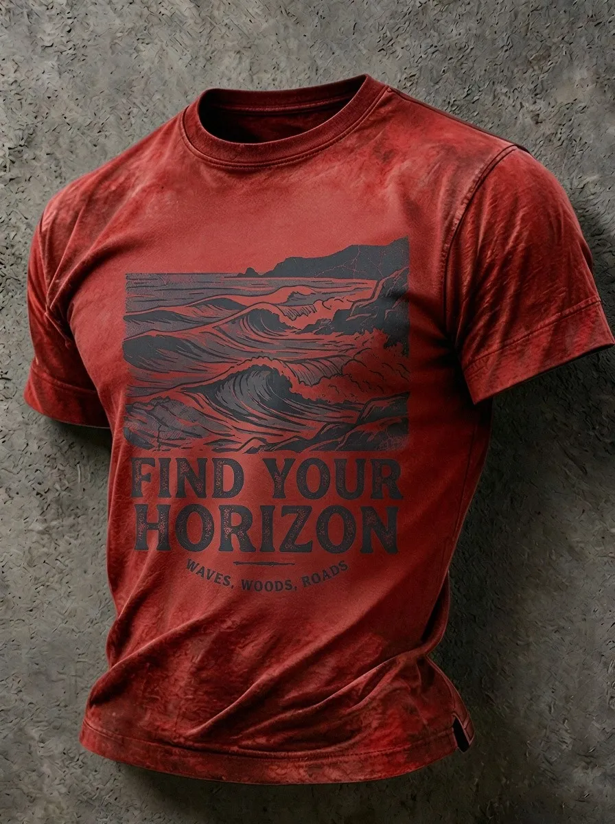 Men's Nature Adventure Find Your Horizon Ocean Waves Printed T-shirt