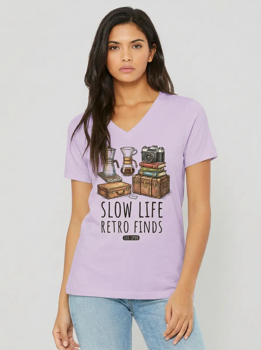Women's Retro Lifestyle Coffee Camera Books Graphic V-Neck T-Shirt