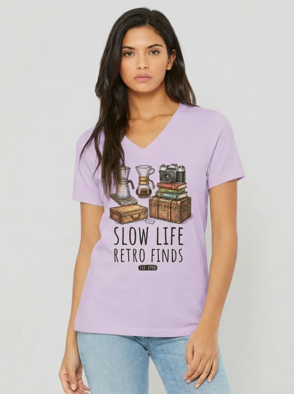 Women's Retro Lifestyle Coffee Camera Books Graphic V-Neck T-Shirt
