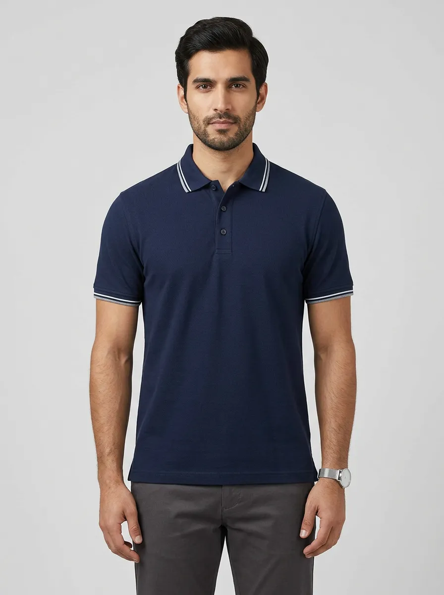 Men's Navy Blue Striped Collar Casual Cotton Polo Shirt