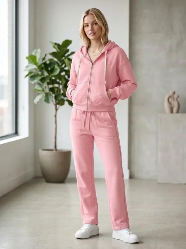 Women's Casual Minimalist Grey Embroidered Logo Zip-up Hoodie Jogger Set