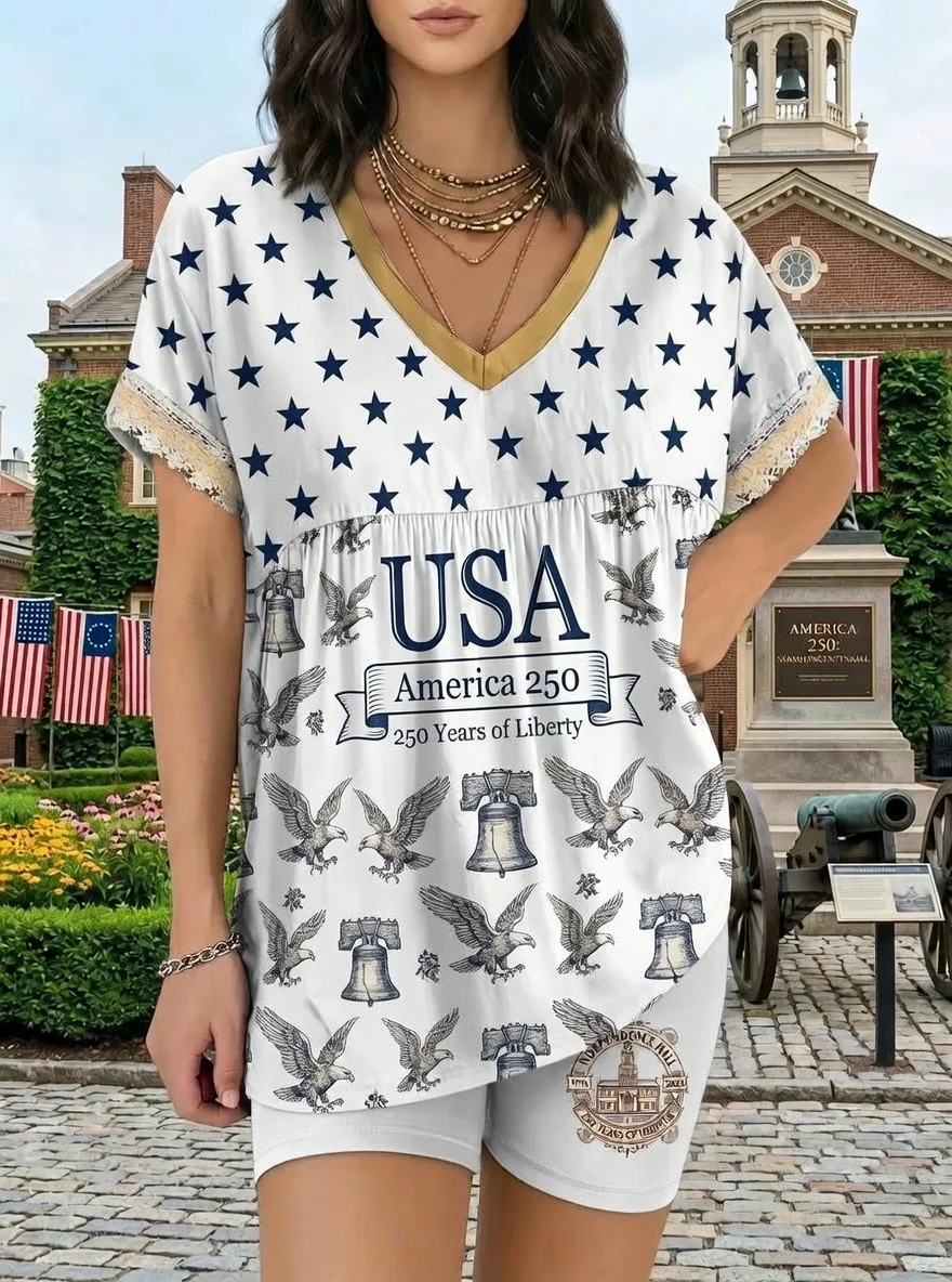 Women's USA 250th Anniversary Eagle Liberty Bell Printed Outfit Set