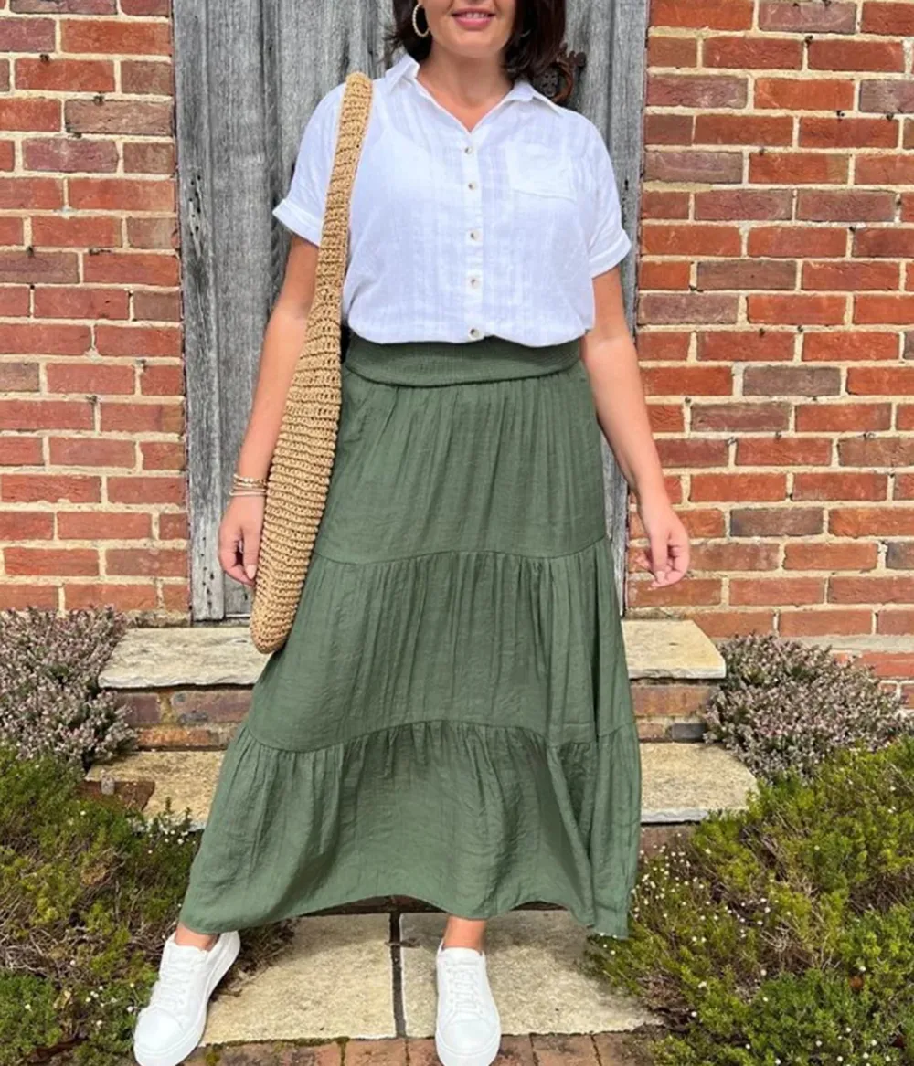 Khaki Tiered Maxi Skirt