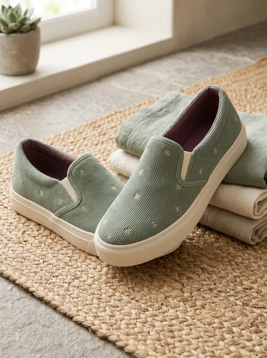 Women's Sage Green Corduroy Star Embroidered Printed Slip-on Shoes