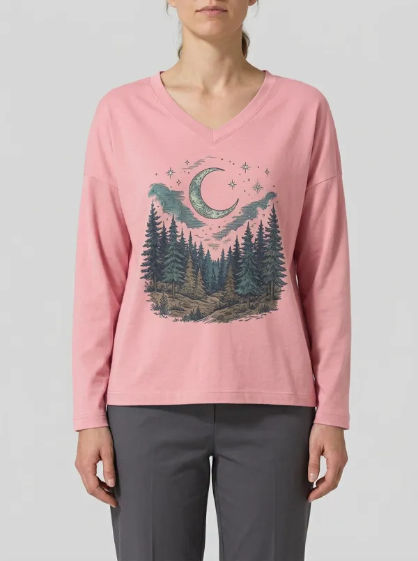 Women's Moon Graphic V-Neck Long-Sleeve T-Shirt