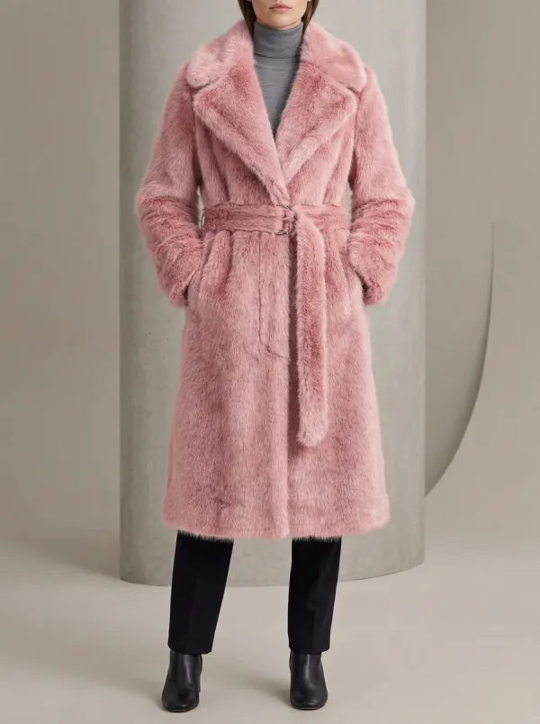 Notched Lapel Faux Fur Belted Long Coat