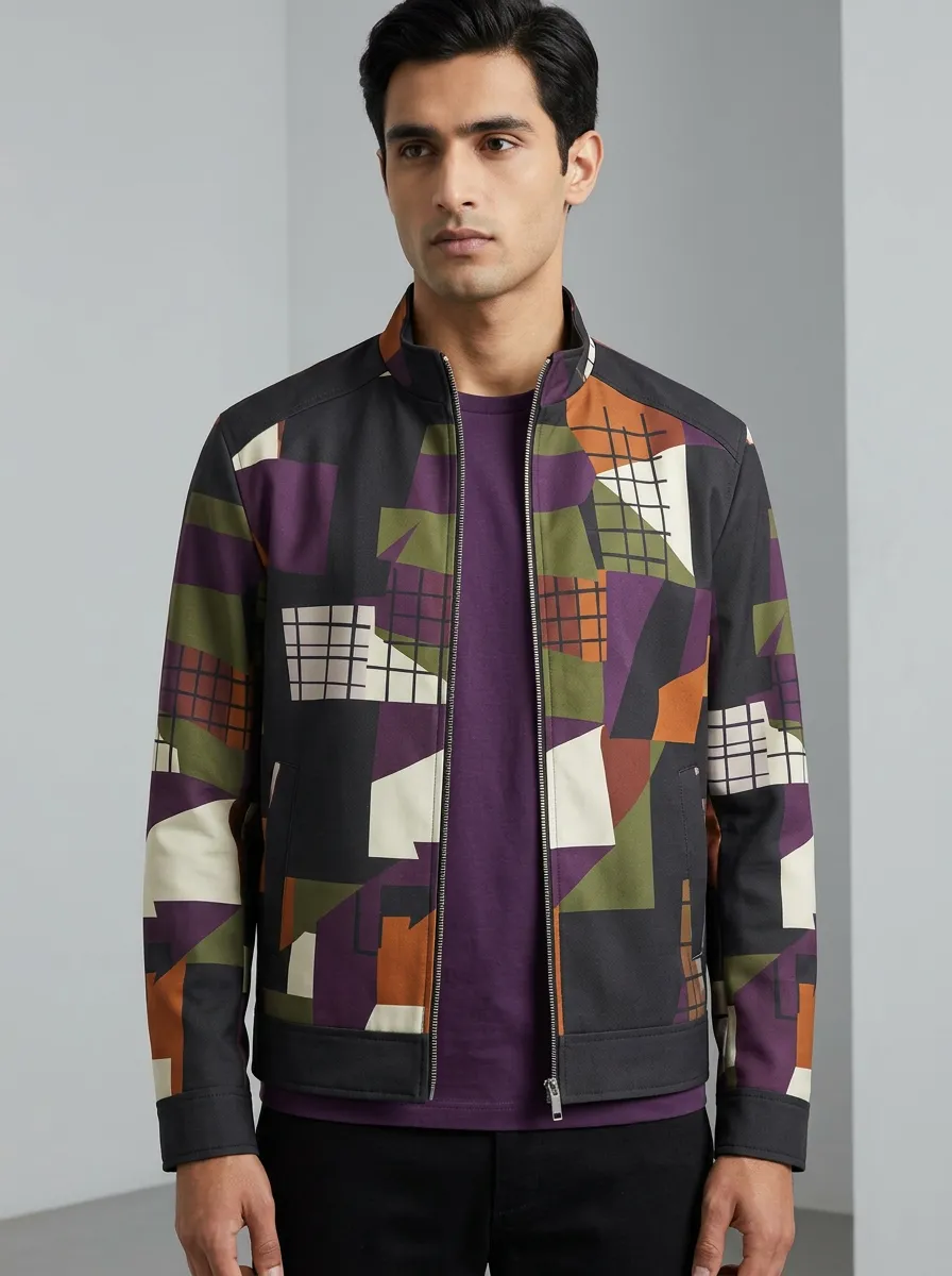 Geometric Print Stand Collar Zip-Up Jacket