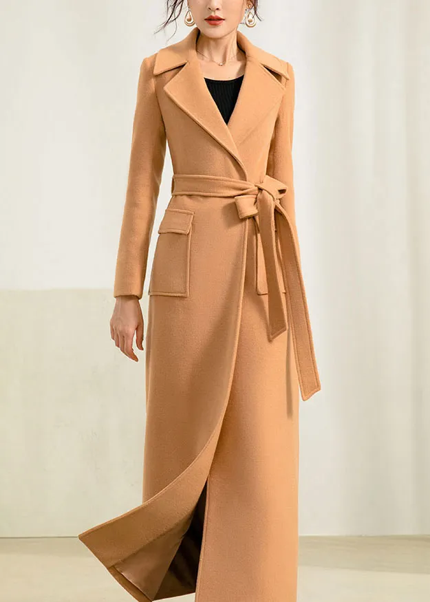 Wool Blend Fit and Flare Belted Lapel Collar Pocketed Long Coat