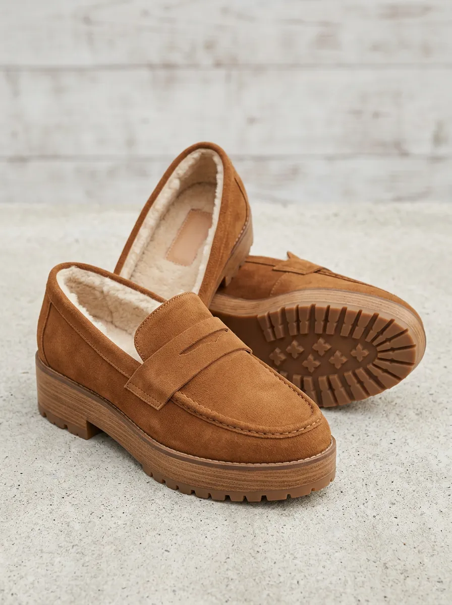 Women's Classic Faux Fur Lined Platform Suede Wood Sole Loafers