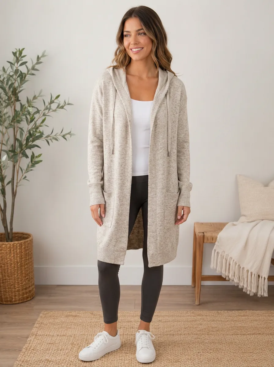 Women's Casual Everyday Beige Heathered Hooded Cardigan Top
