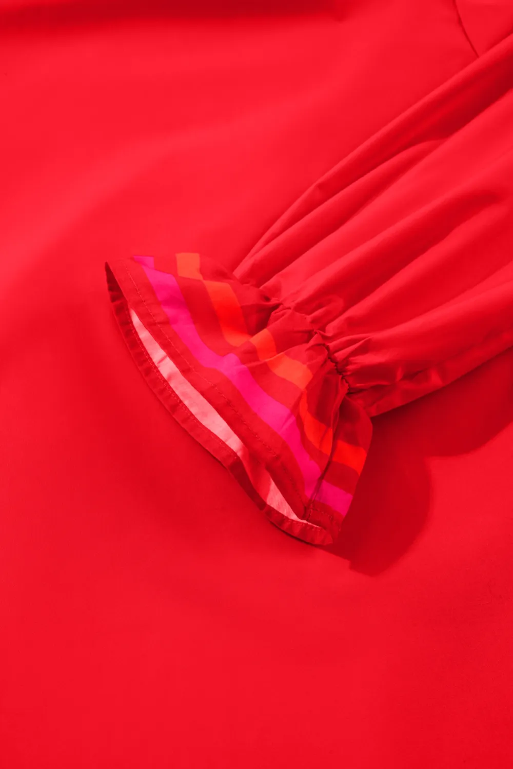 Fiery Red Striped Trim Ruffle Blouse
