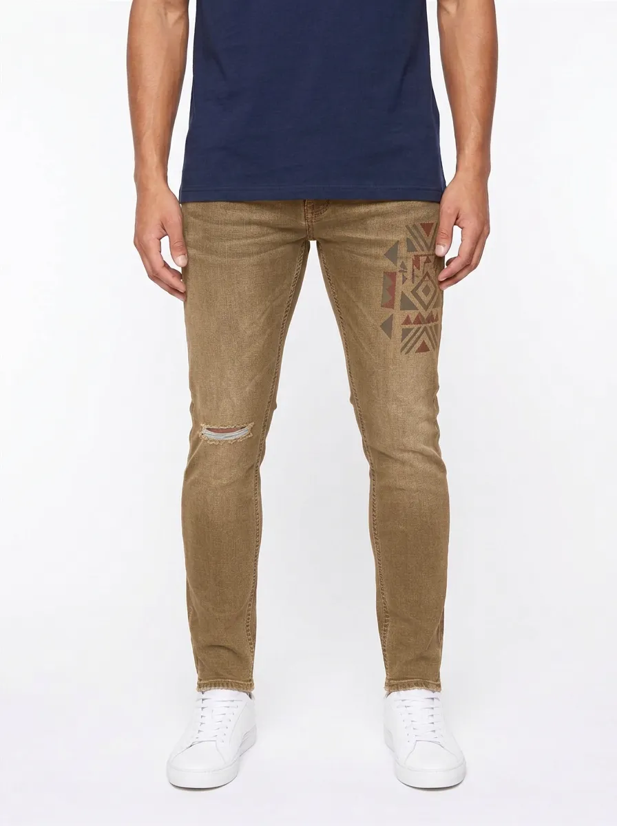 Men's Dark Wash Tribal Pattern Distressed Slim Fit Jeans