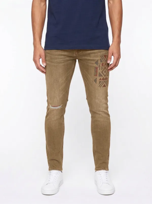 Men's Dark Wash Tribal Pattern Distressed Slim Fit Jeans
