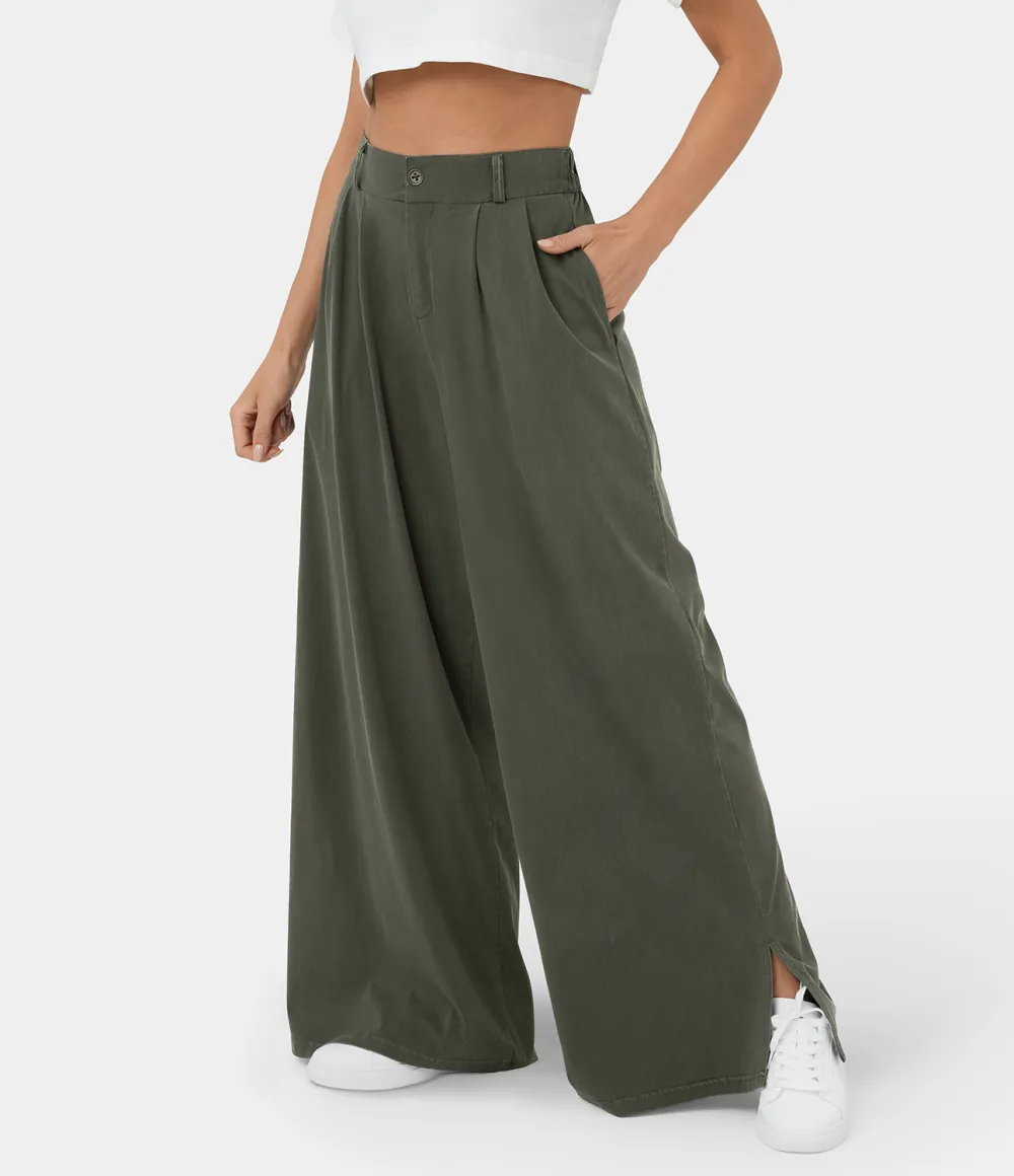 High Waisted Button Zipper Plicated Side Pocket Split Hem Wide Leg Casual Pants