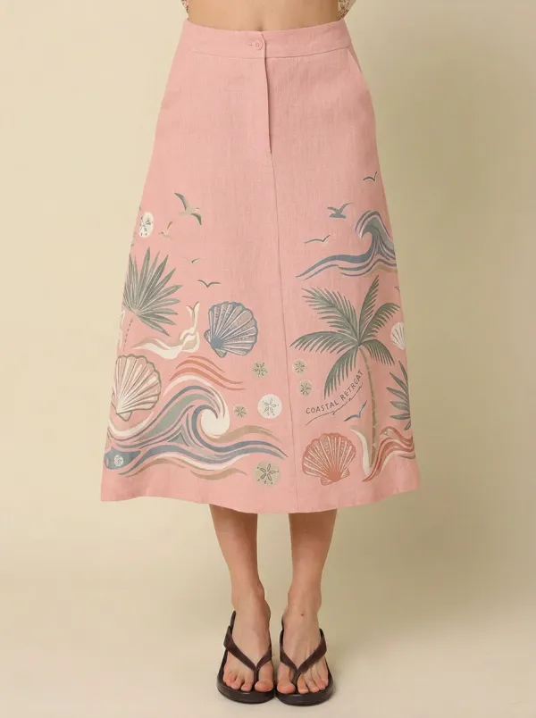 Women's Coastal Beach Lover Seashell Palm Tree Printed Midi Skirt