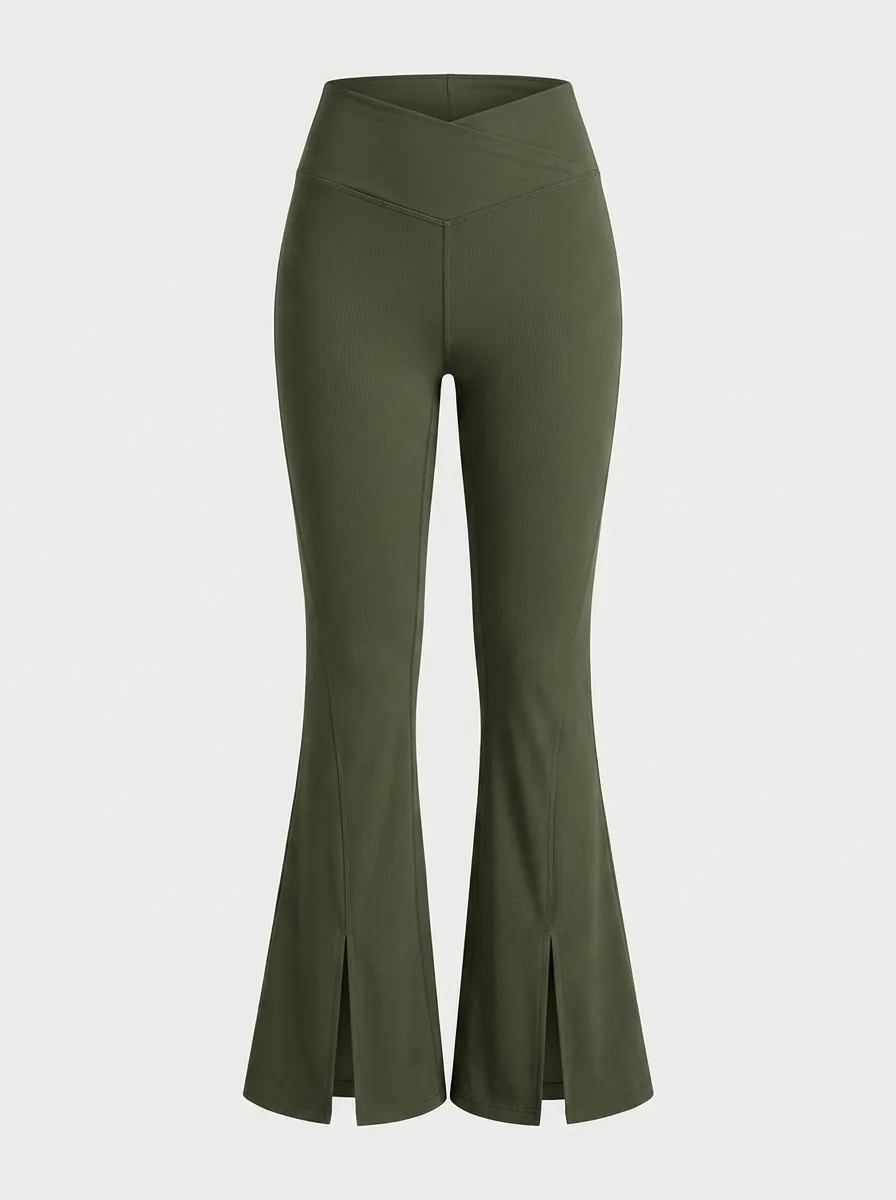 Women's Yoga Fitness Olive Green V-Waist Split Hem Leggings