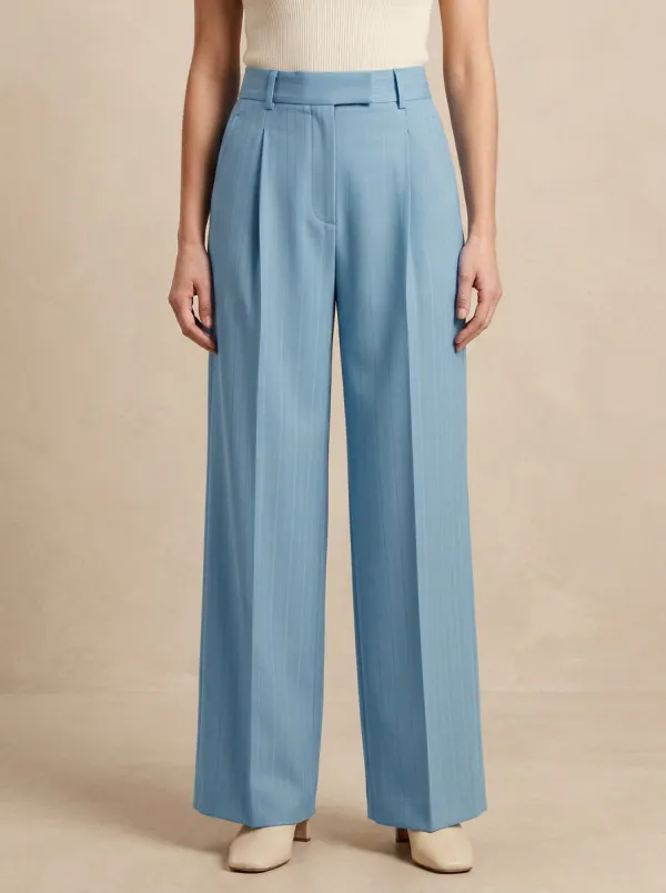 High Rise Pinstripe Pleated Wide Leg Trousers