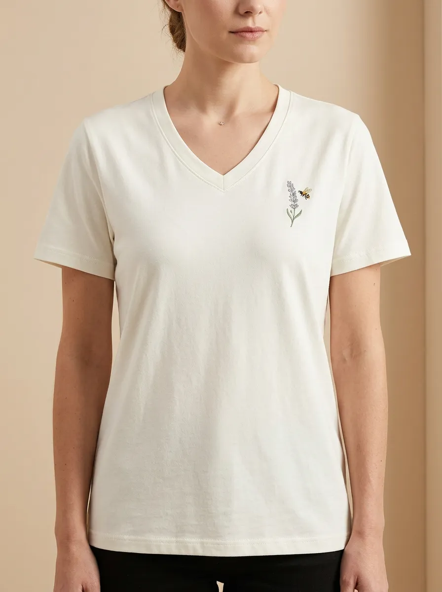 Women's Lavender & Bee Relaxed Embroidered V-Neck T-Shirt