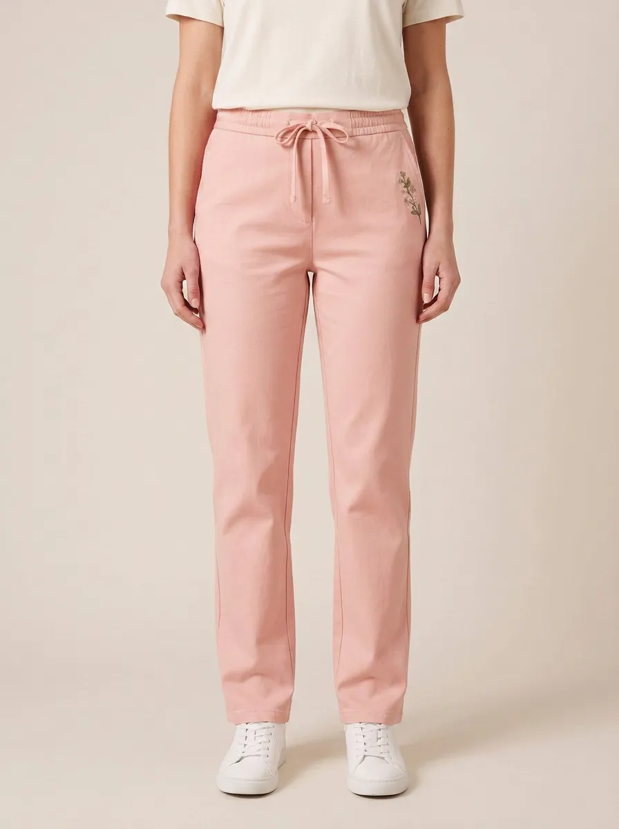 Women's Streamlined Comfort Floral Embroidered Mid Rise Straight Leg Pants