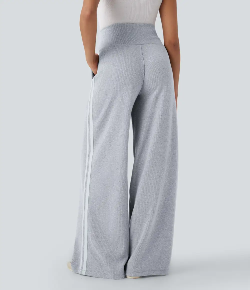 2026🔥 Ribbed SoCinched High Waisted Tummy Control Drawstring Wide Leg Color Block Casual Trousers with Pockets