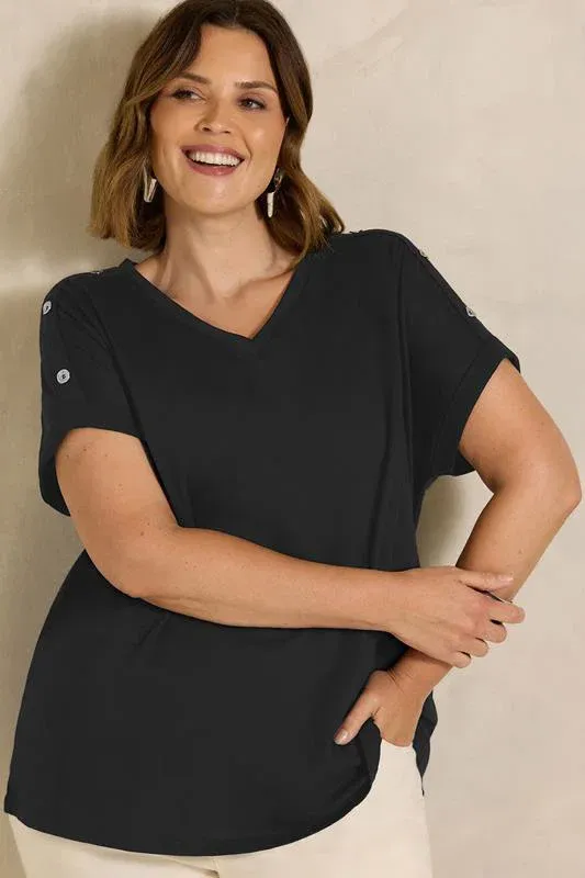 Black Button Shoulder T-Shirt