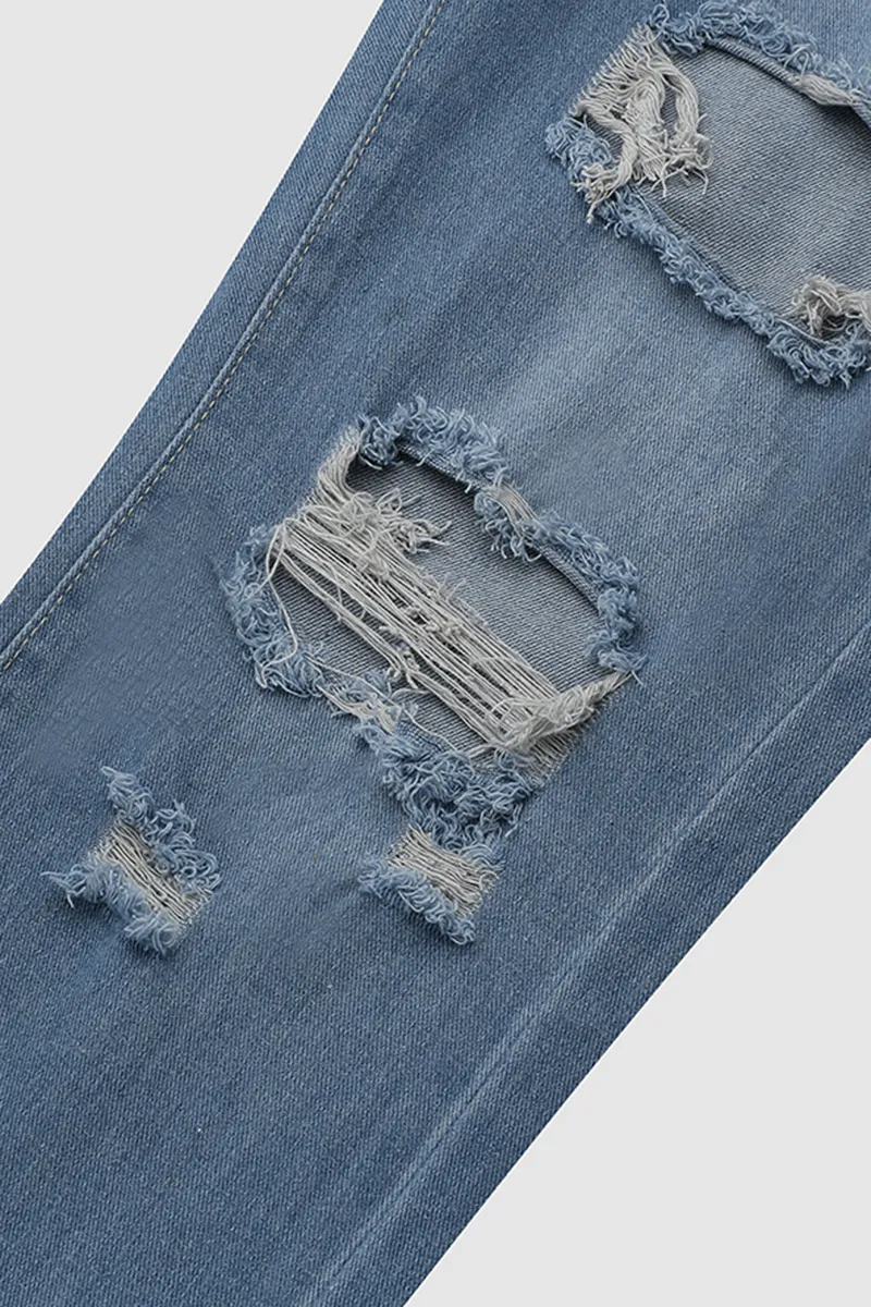 Distressed Mid Waist Straight Leg Jeans