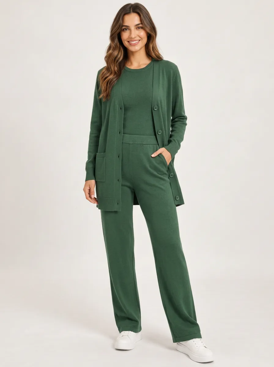 Women's Soft Knit Three Piece Outfit with Cardigan, Tank and Green Pants