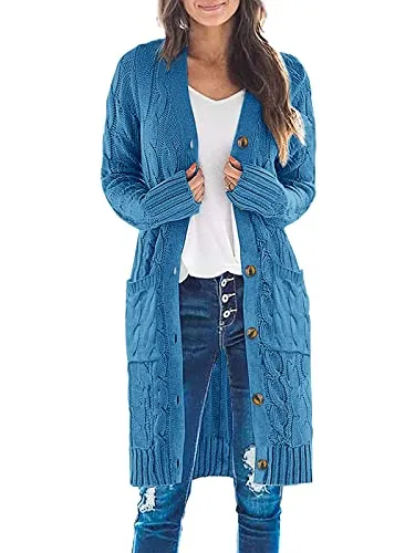 Womens Long Sleeve Cable Knit Long Cardigan Open Front Button Sweater Outerwear