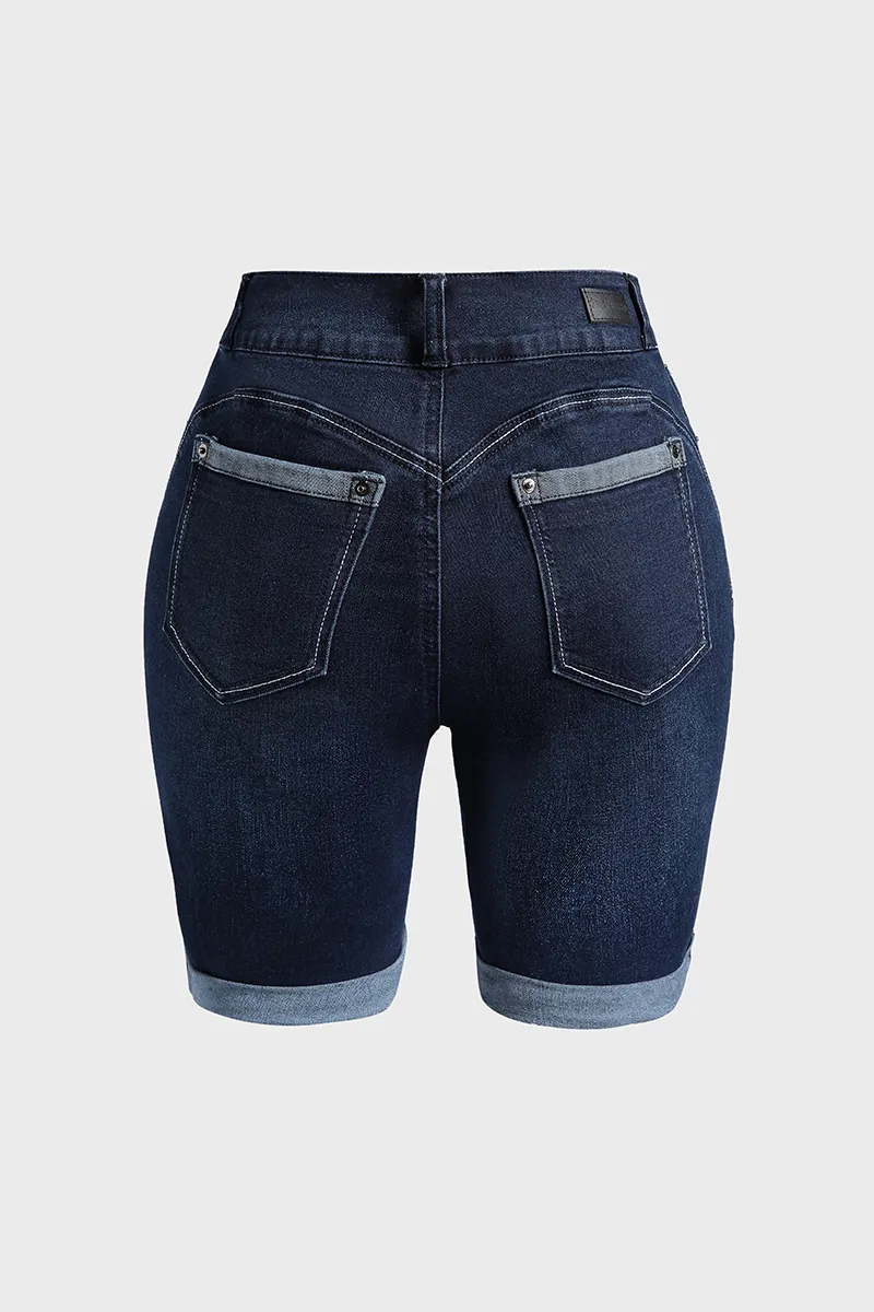 Button Front Cuffed Hem Tummy Control Butt Lifting Denim Shorts