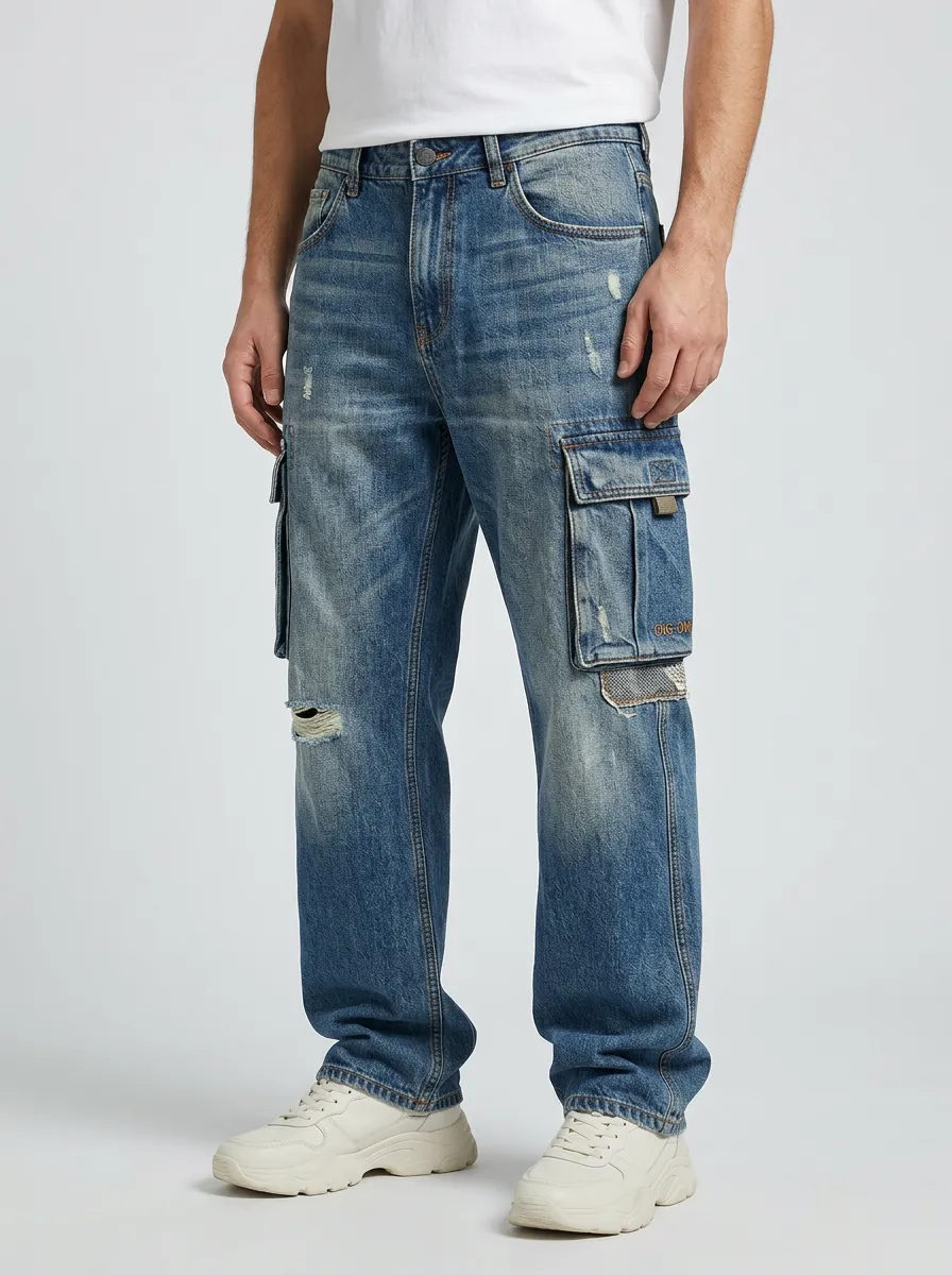 Men's Distressed Denim Cargo Jeans with Side Pockets