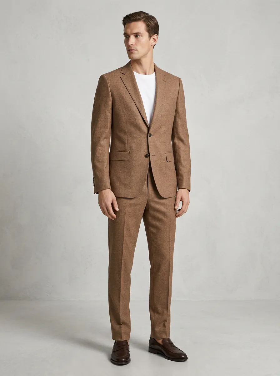 Men's Business Casual Brown Wool Blend Slim Fit Suit Set