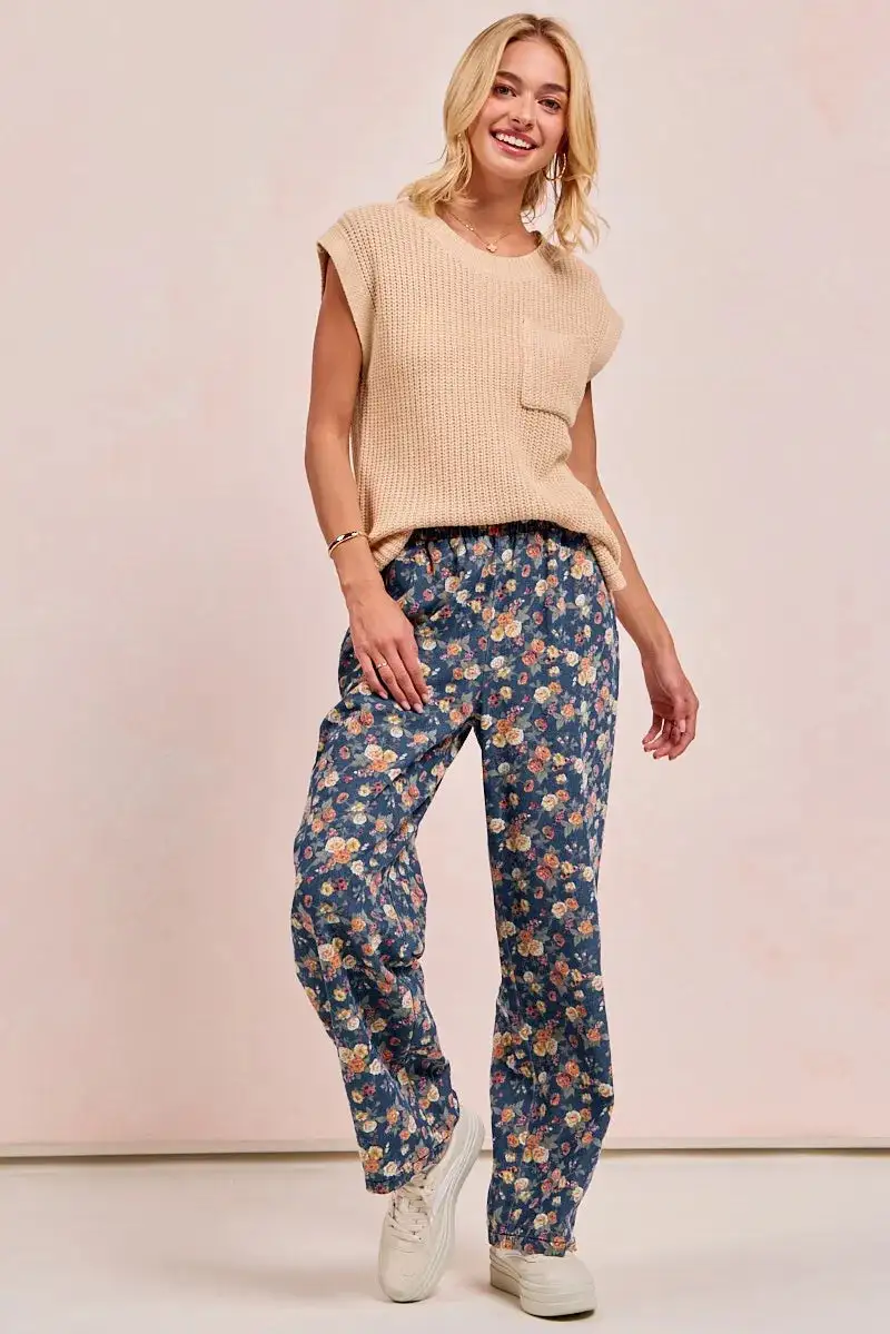 Denim Floral Print High Rise Wide Leg Jeans