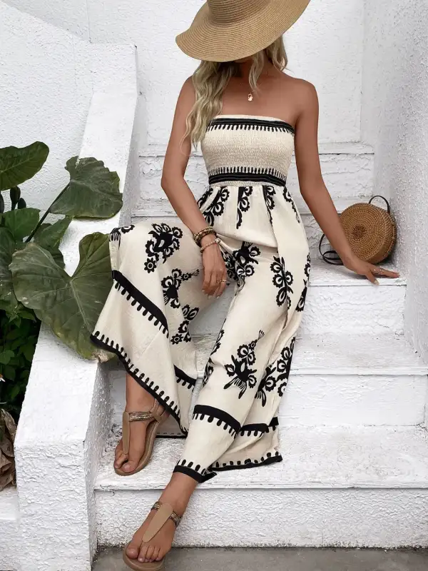 Smocked Printed Wide Leg Everyday Jumpsuit