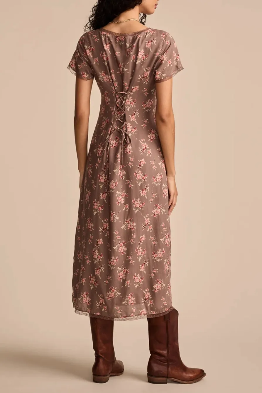 Floral Lace trimmed Short Sleeve Midi Dress