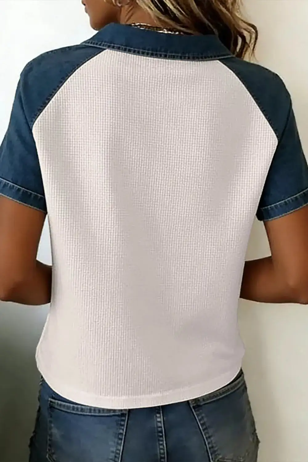 Textured Color Block Denim Patchwork Polo Collar Tee
