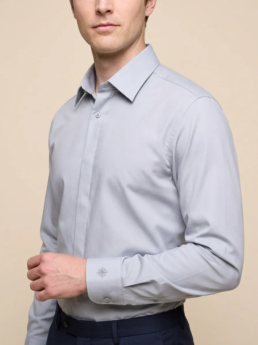 Men's Non-Iron Cotton Compass Embroidered Long Sleeve Shirt