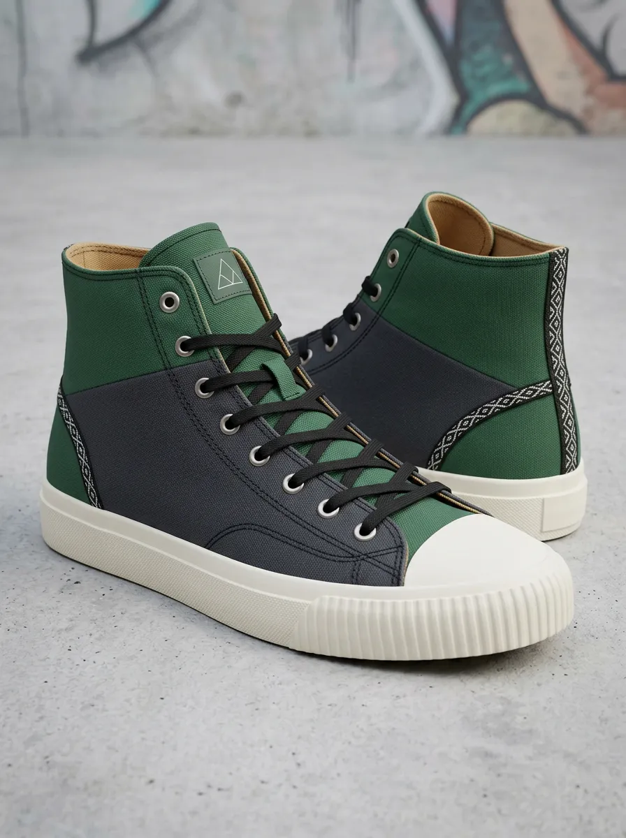 Men's Geometric Pattern Green Black Printed Canvas High Top Shoes