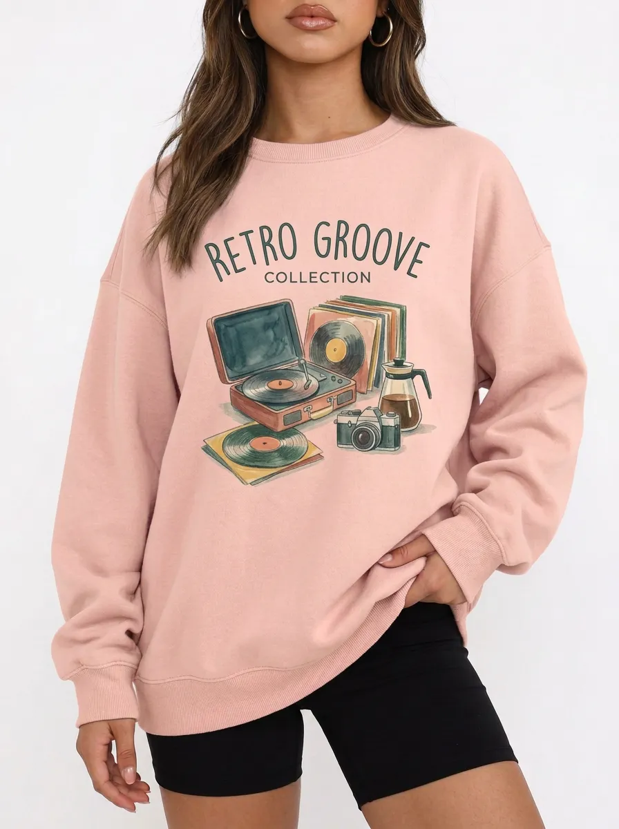 Women's Retro Music Vinyl Camera Graphic Sweatshirt