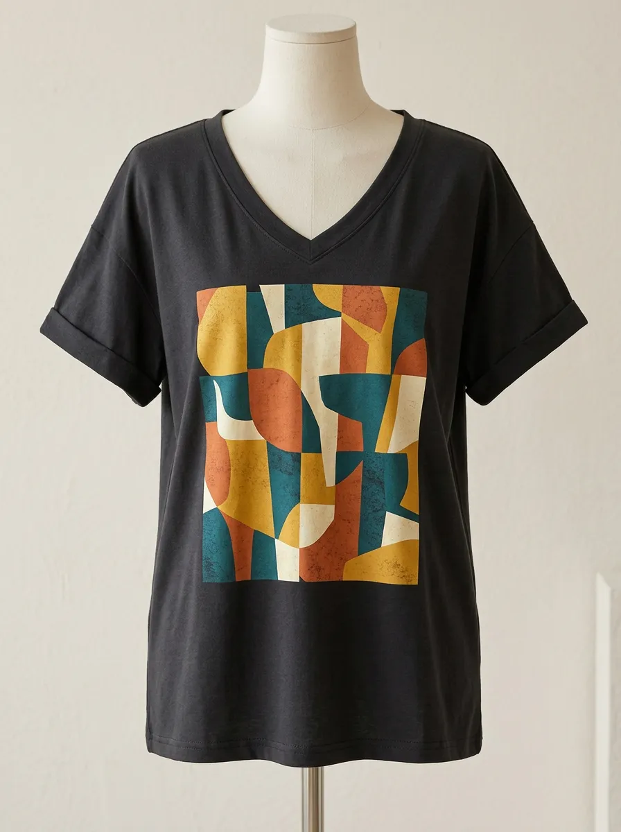 Women's Abstract Art Geometric Pattern Printed V-Neck T-Shirt