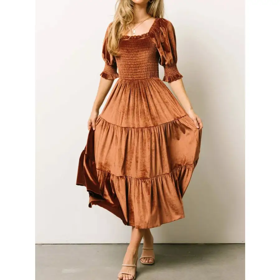 Velvet Smocked Tiered Midi Dress