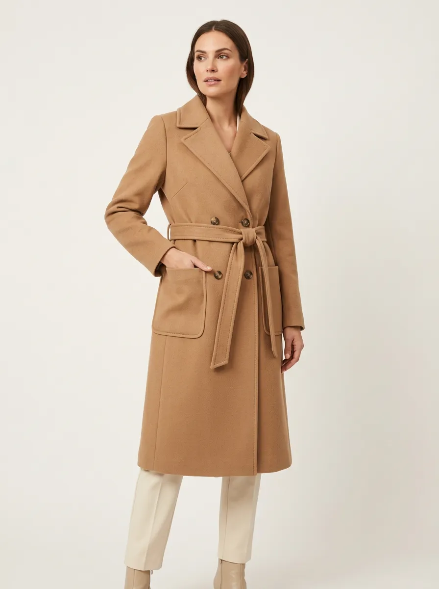 Women's Camel Classic Double-Breasted Belted Wool Coat