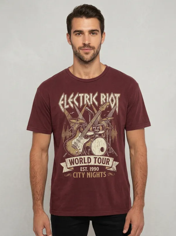 Men's Rock Music Lover Electric Riot Guitar Drum Printed T-shirt