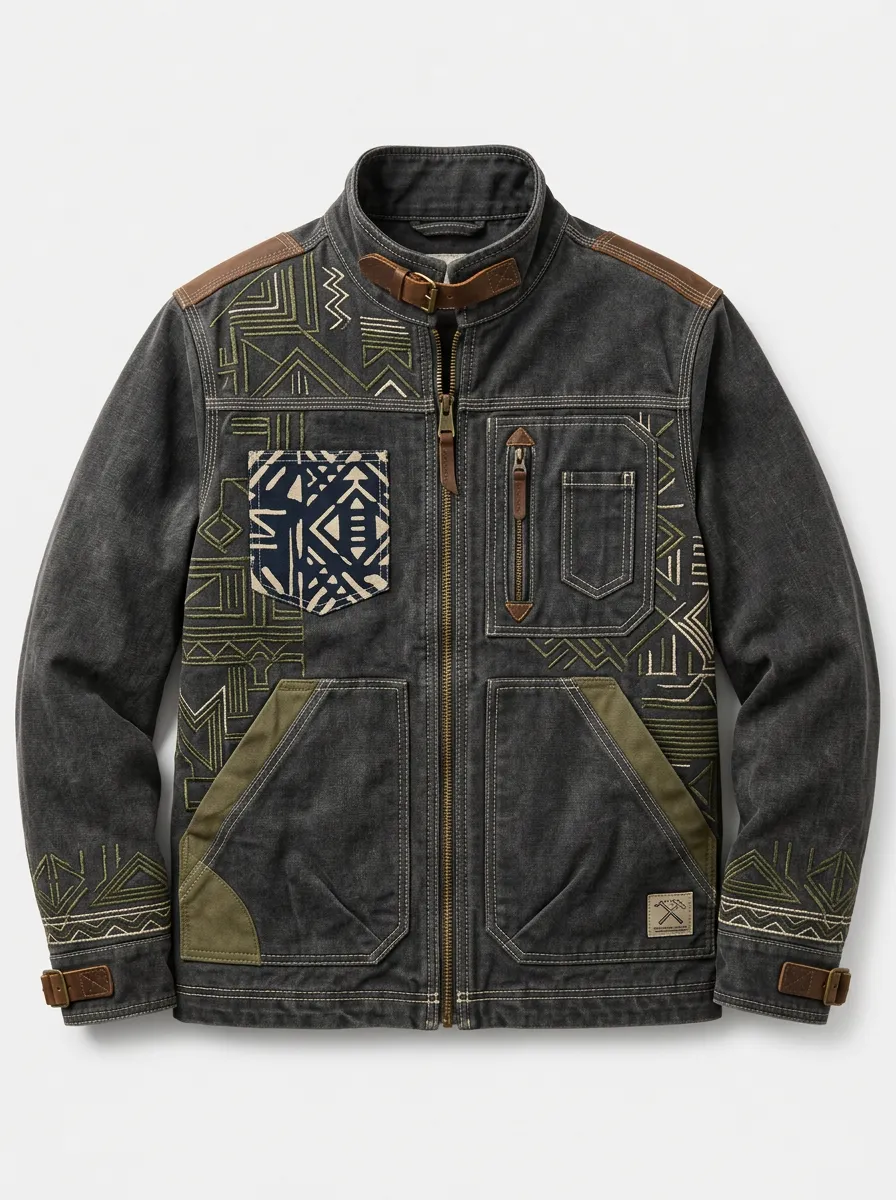 Men's Tribal Geometric Pattern Embroidered Canvas Jacket