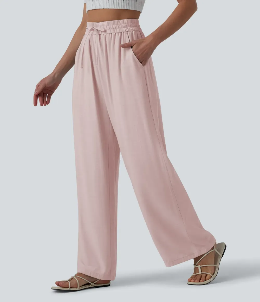 2026🔥High Waisted Drawstring Wide Leg Casual Linen-Blend Trousers with Pockets
