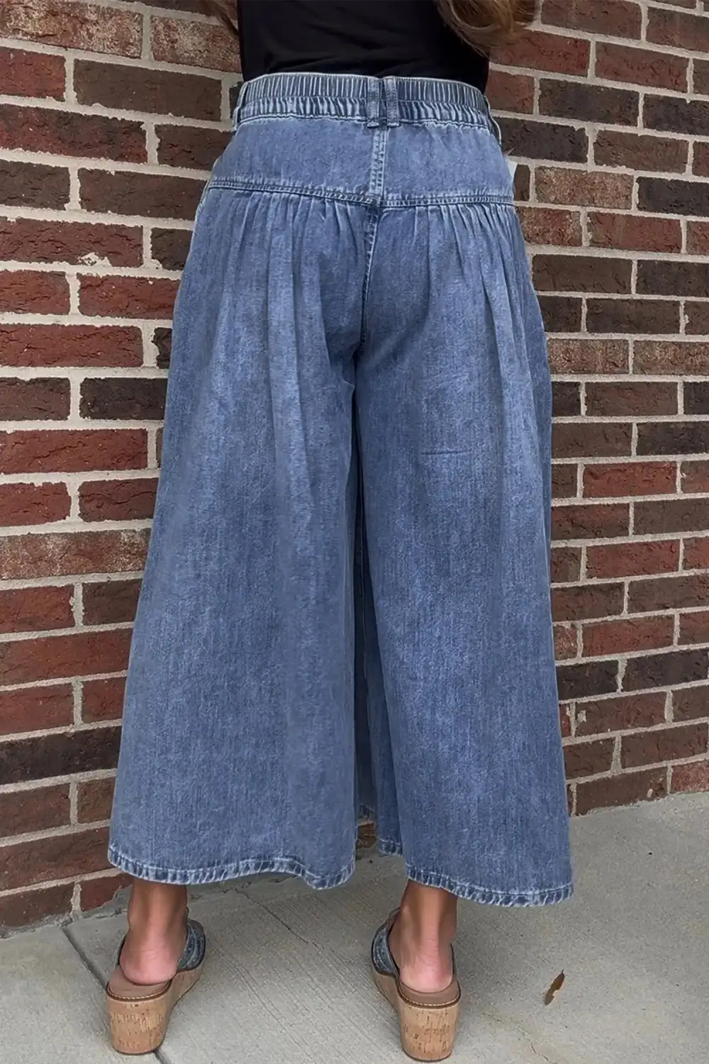 Women's High Rise Buttons Pleated Cropped Wide Leg Denim Pants